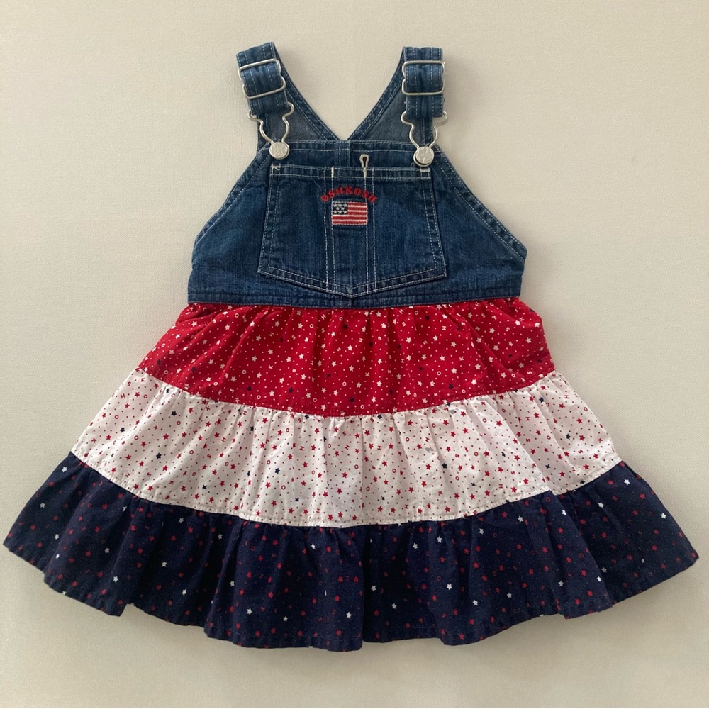 Oshkosh Baby Girl 18 Months Patriotic American Flag Ruffle Jumper Dress Red Blue
